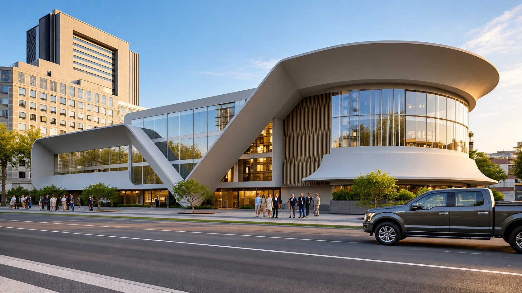 Exterior architectural rendering of a contemporary curved building.