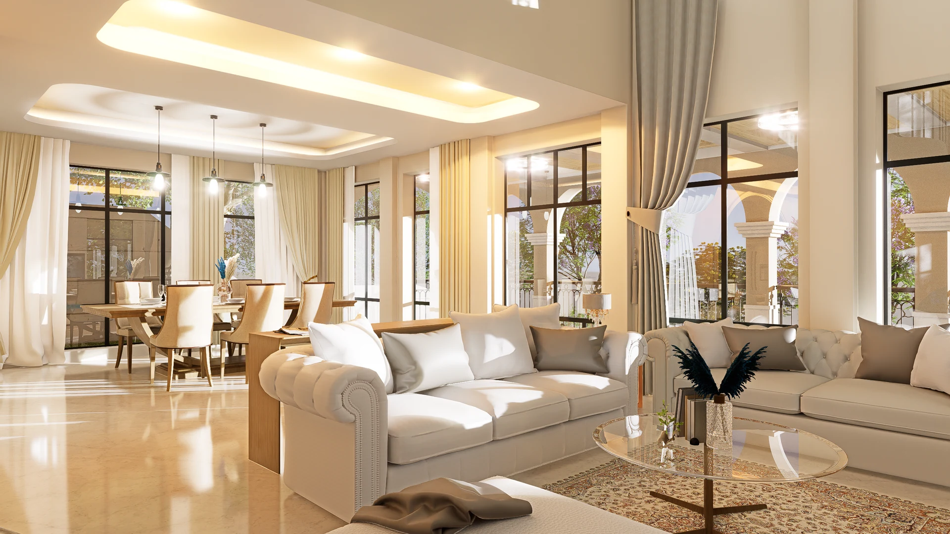 Flora Residence living room rendering.