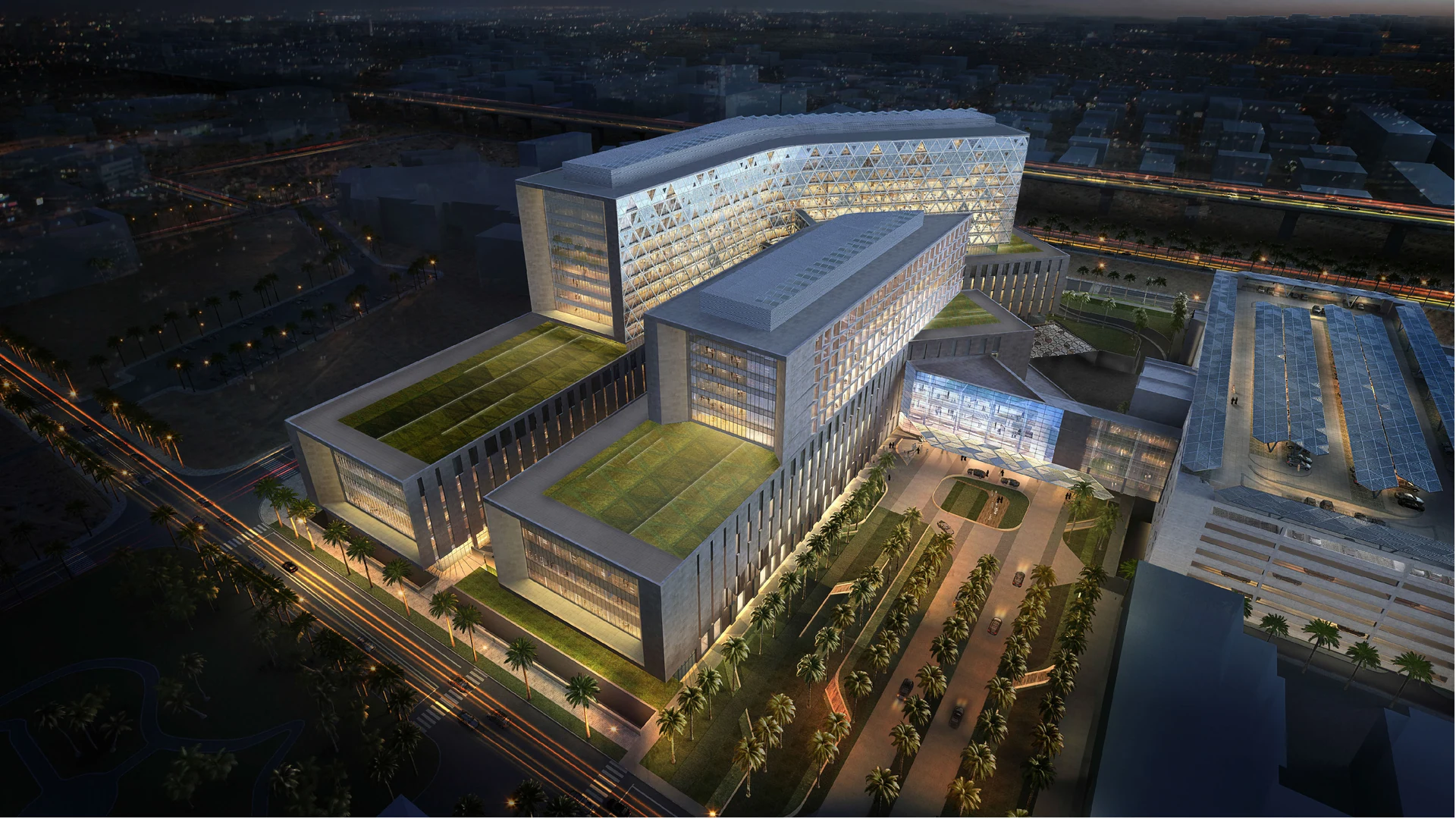 Kuwait Cancer Center — night aerial view.